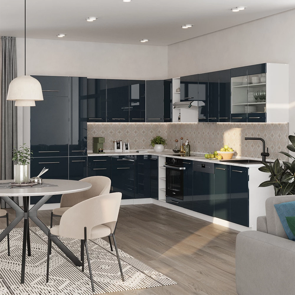 Vicco Cucina angolare completa Blu scuro lucido/bianco 257 x 60 cm senza piano di lavoro, Fame-Line