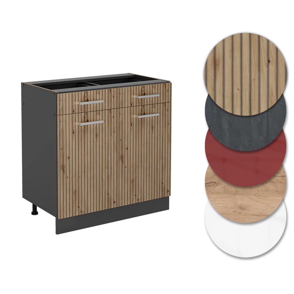 Nahaufnahme von Küchenunterschrank in Artisan-Eiche, zeigt Design- und Oberflächendetails