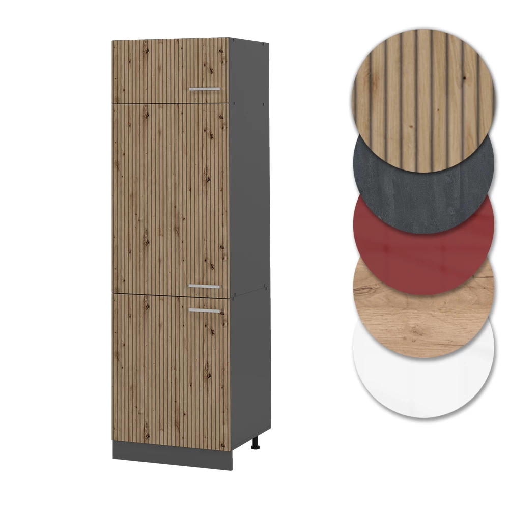 Nahaufnahme von Kühlumbauschrank in Artisan-Eiche, zeigt Design- und Oberflächendetails