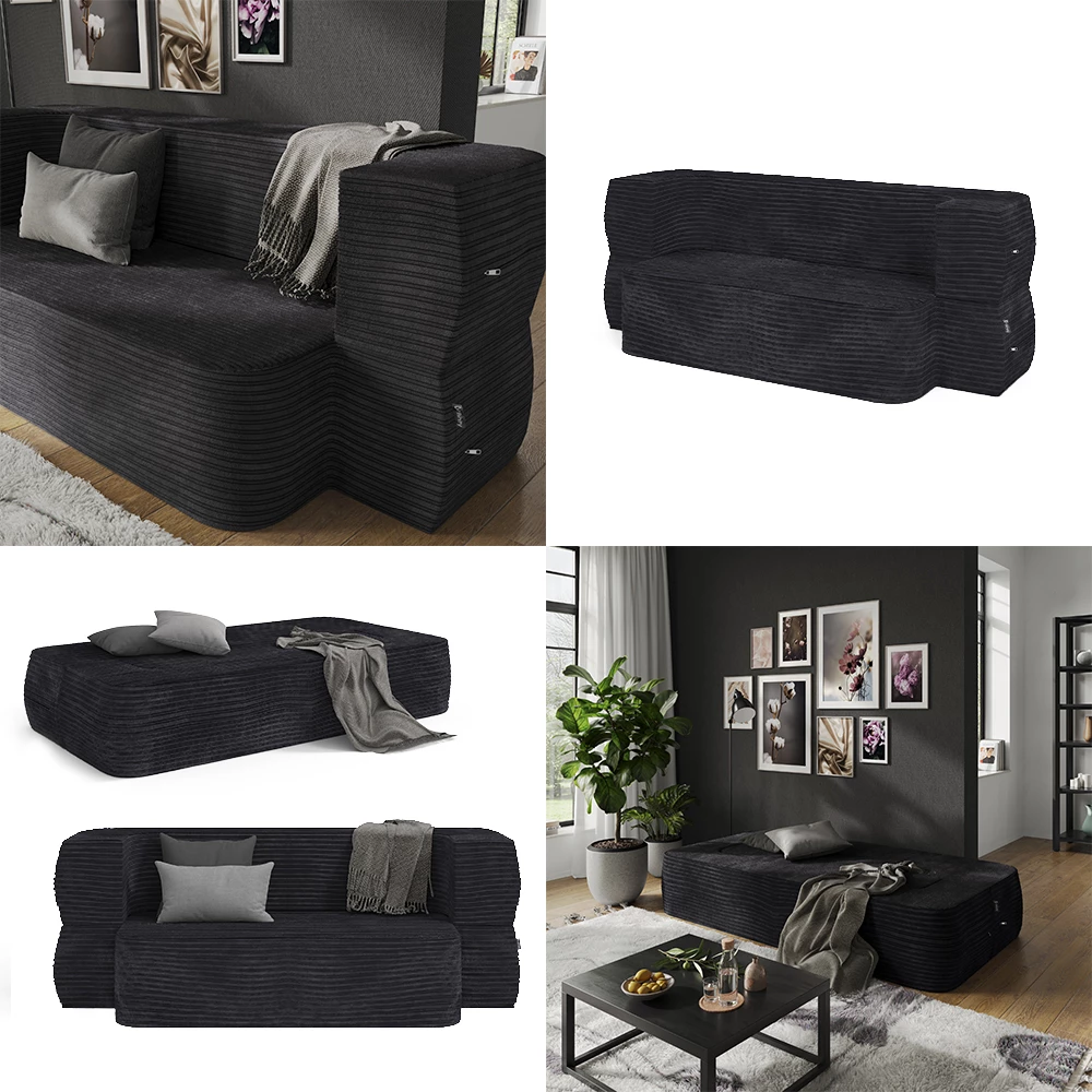 livinity® Sofa Schwarz 190 cm mit Schlaffunktion, Lille