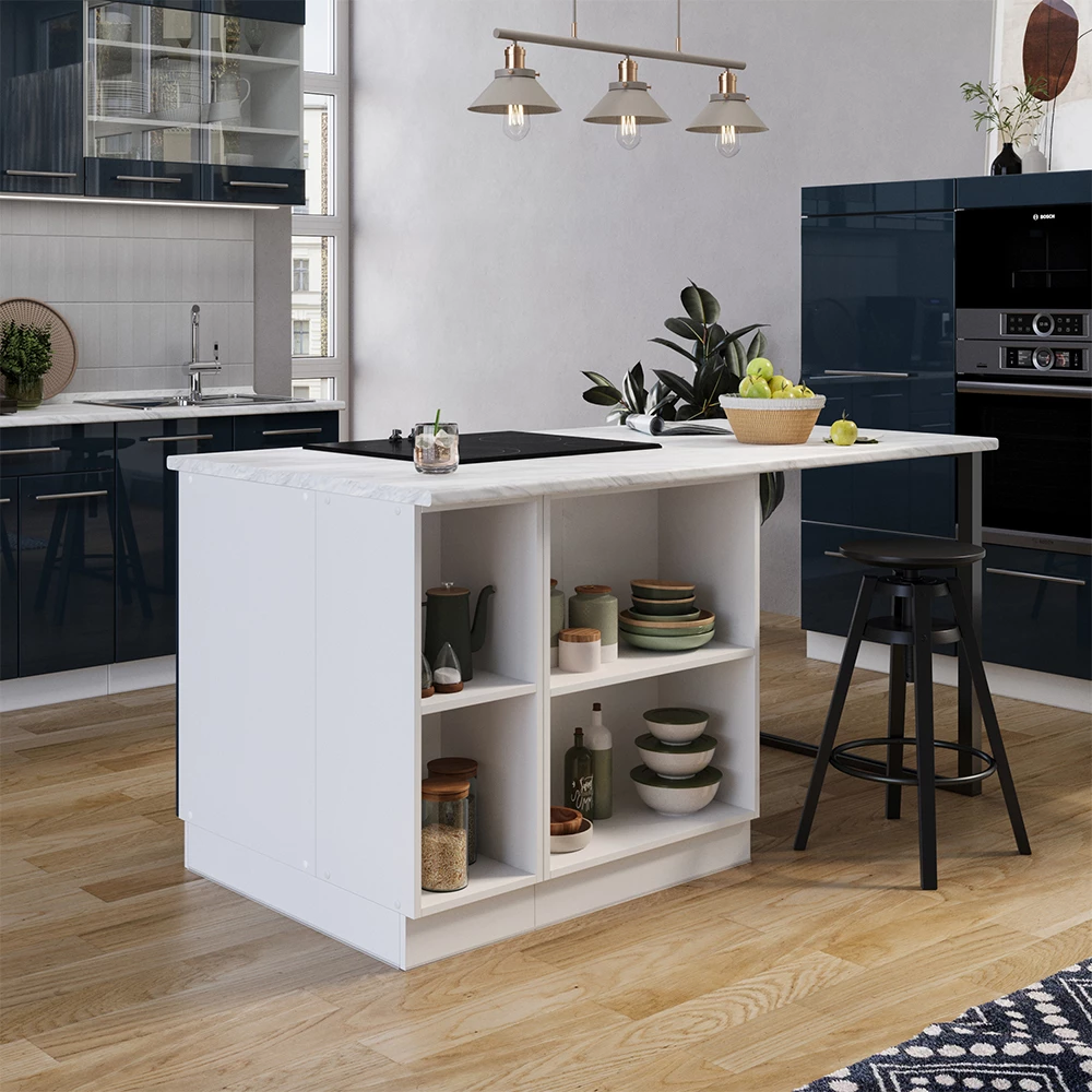 Vicco Isla de cocina Azul oscuro alto brillo/blanco 90 cm con cajón, sin encimera, Fame-Line