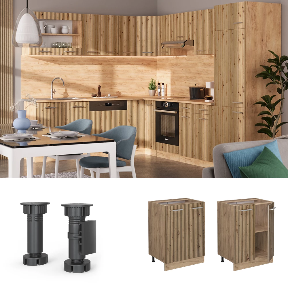 Küchenunterschrank in Artisan-Eiche, dargestellt im Ambiente und auf weißem Hintergrund
