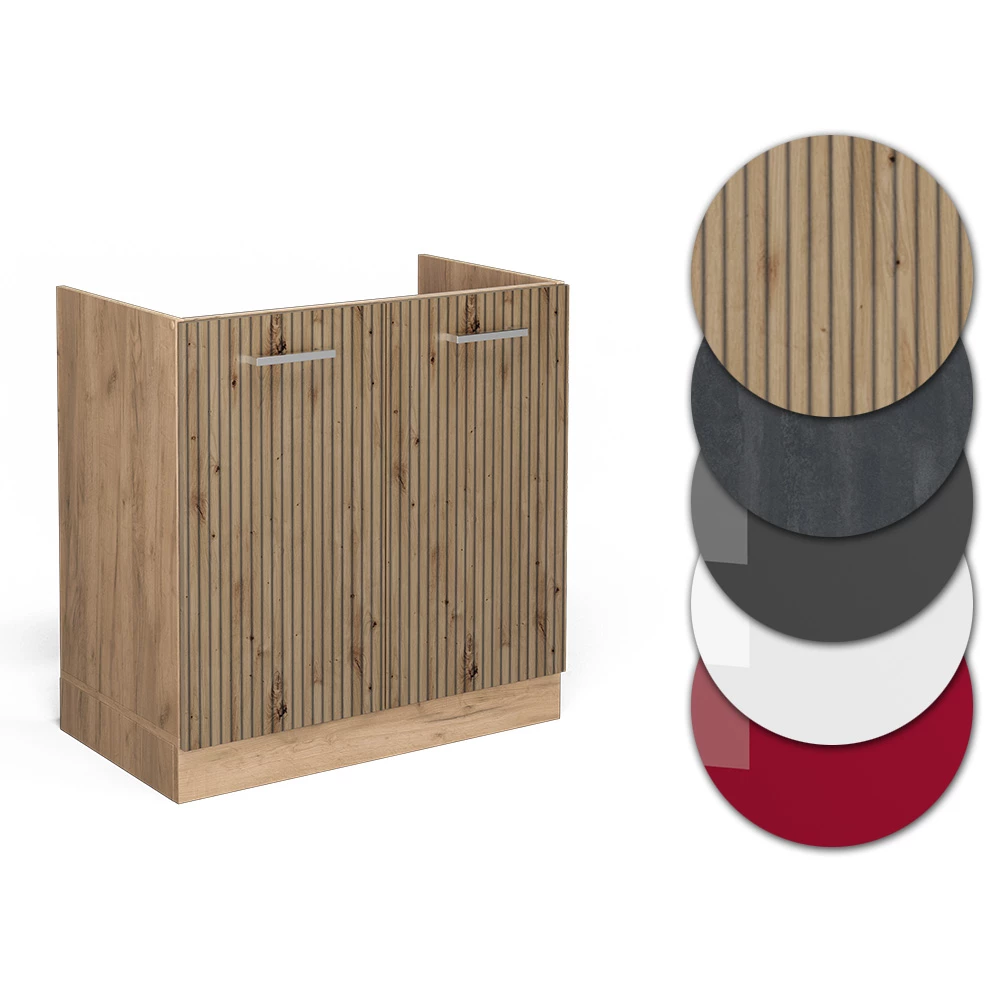 Nahaufnahme von Spülenunterschrank in Artisan-Eiche, zeigt Design- und Oberflächendetails