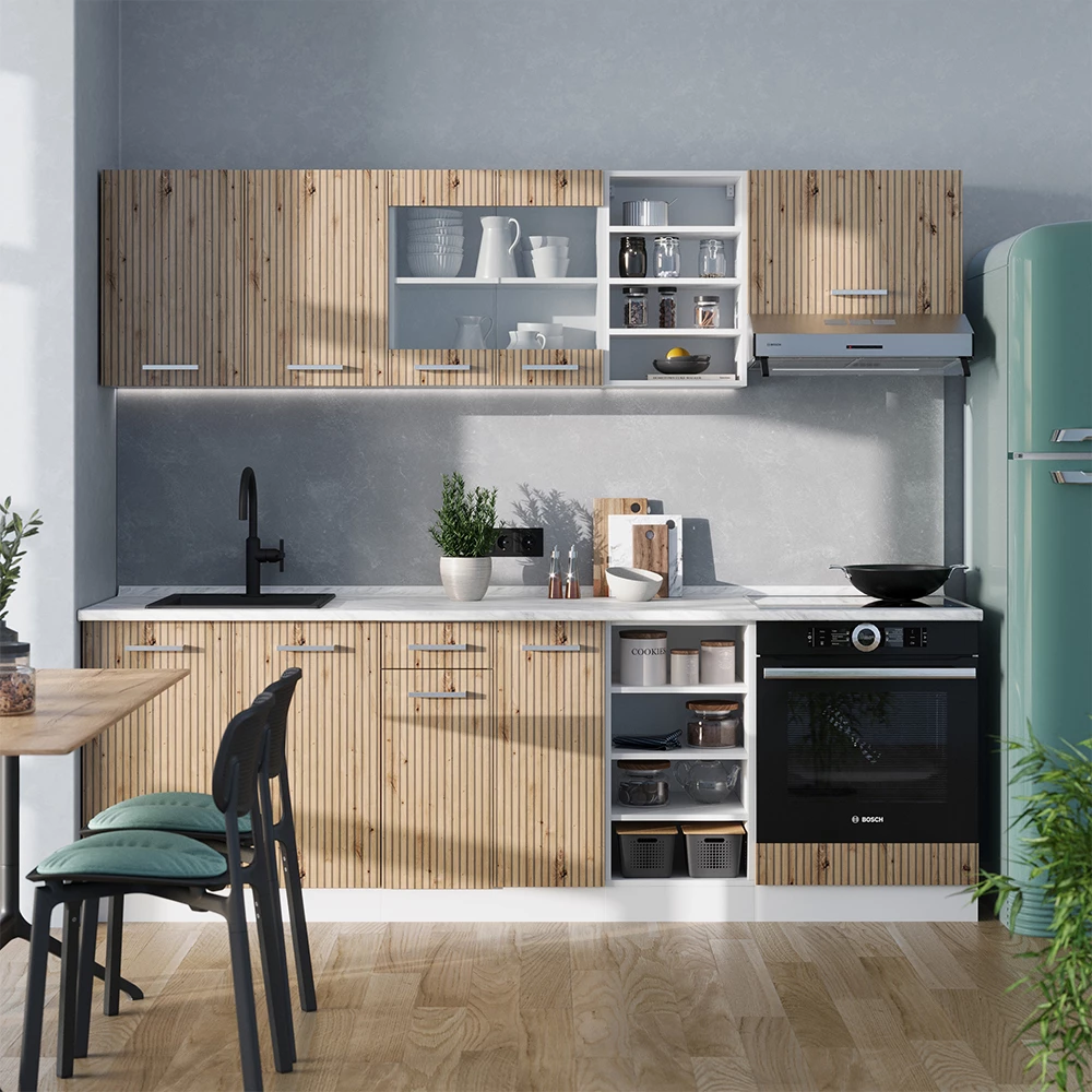 Complete keukeneenheid in Artisanaal eiken/wit op een witte achtergrond