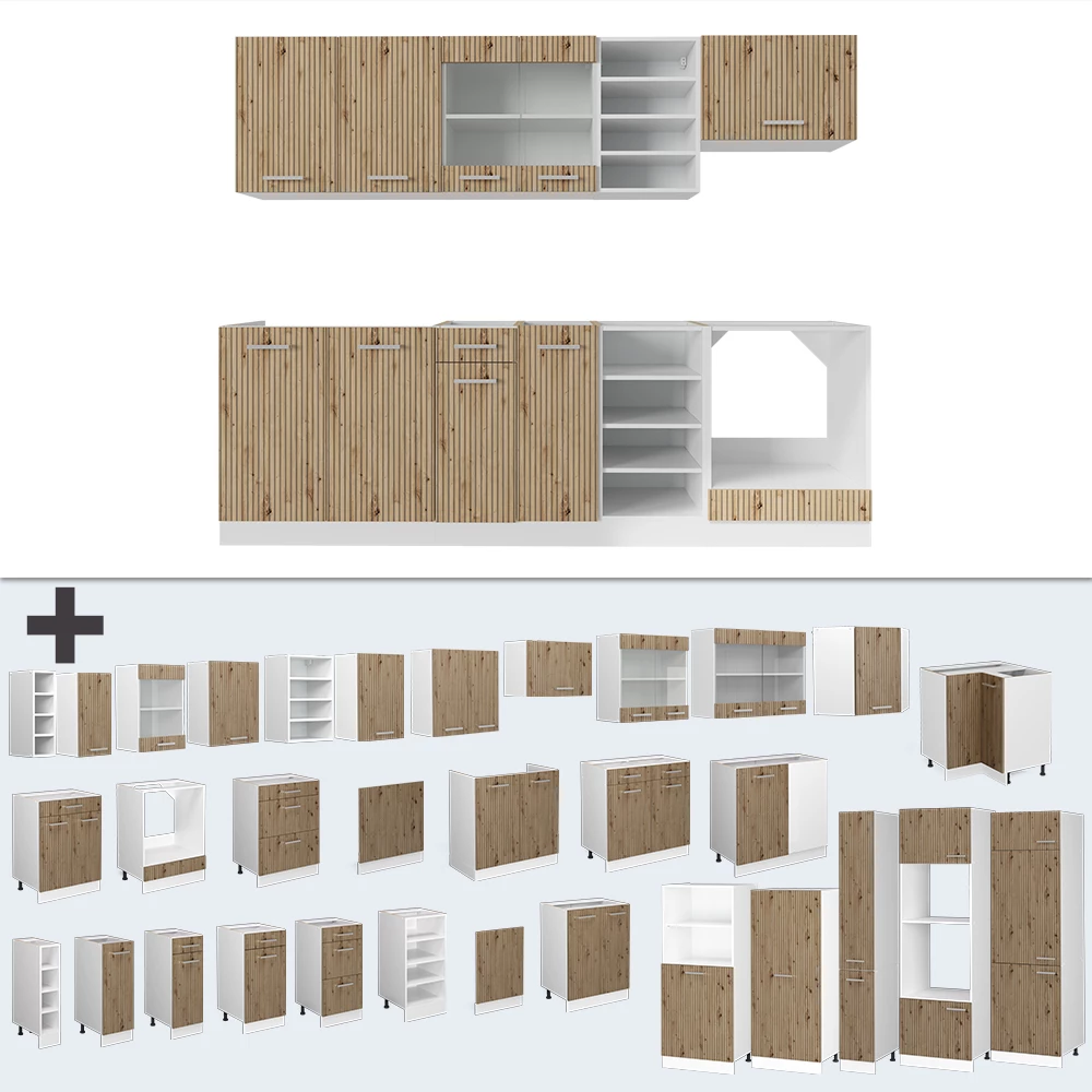 Nahaufnahme von Küchenzeile in Artisan Eiche/Weiß, zeigt Design- und Oberflächendetails