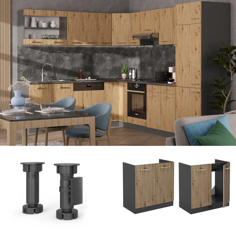 Spülenunterschrank in Artisan-Eiche, dargestellt im Ambiente und auf weißem Hintergrund