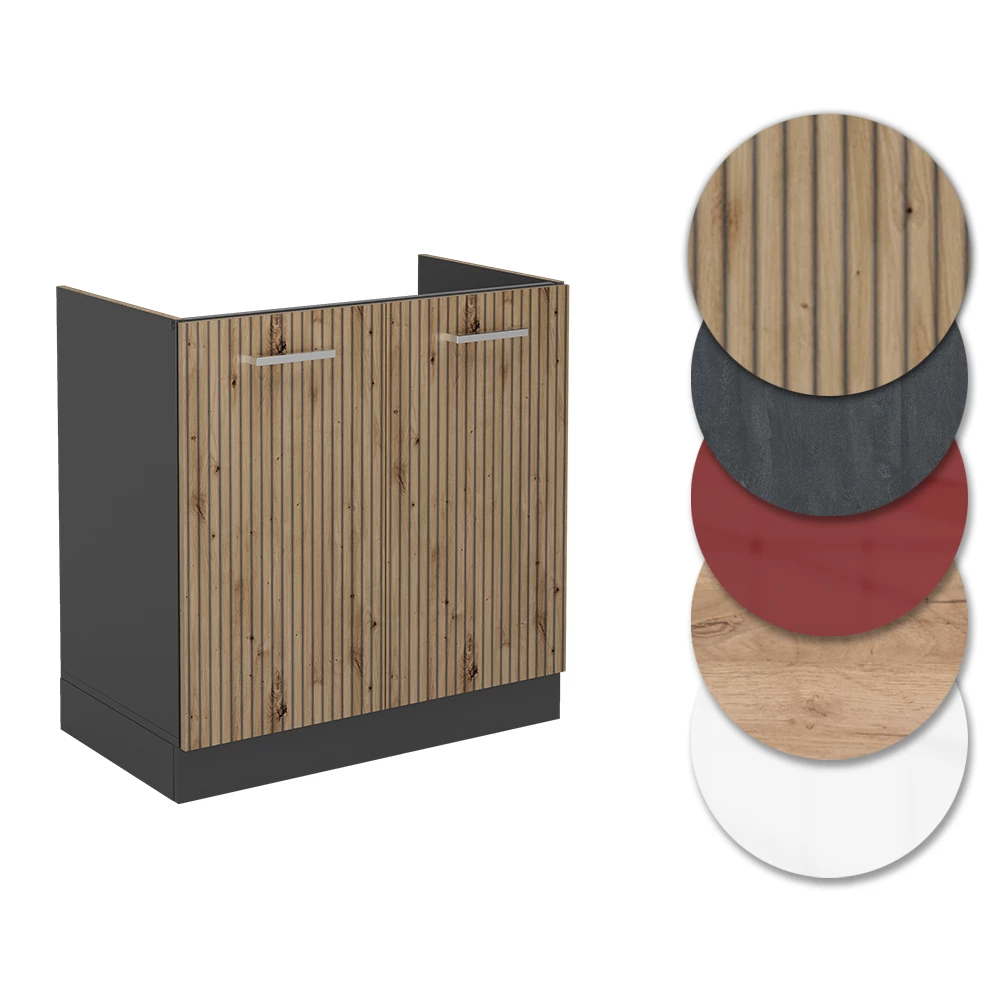 Nahaufnahme von Spülenunterschrank in Artisan-Eiche, zeigt Design- und Oberflächendetails