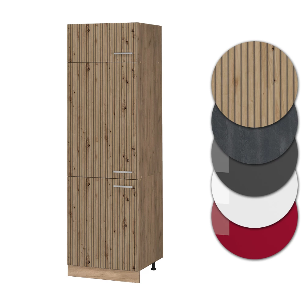 Nahaufnahme von Kühlumbauschrank in Artisan-Eiche, zeigt Design- und Oberflächendetails