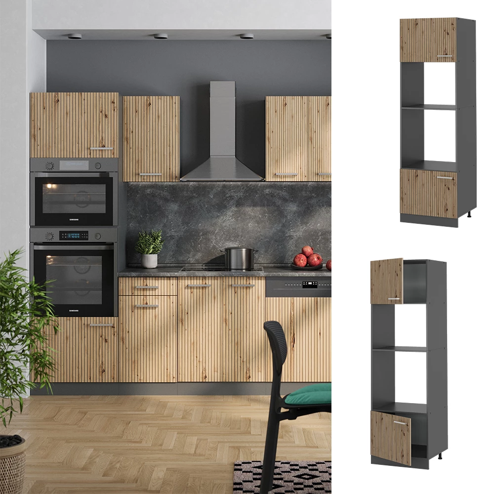 Mikrowellenschrank in Artisan-Eiche, dargestellt im Ambiente und auf weißem Hintergrund