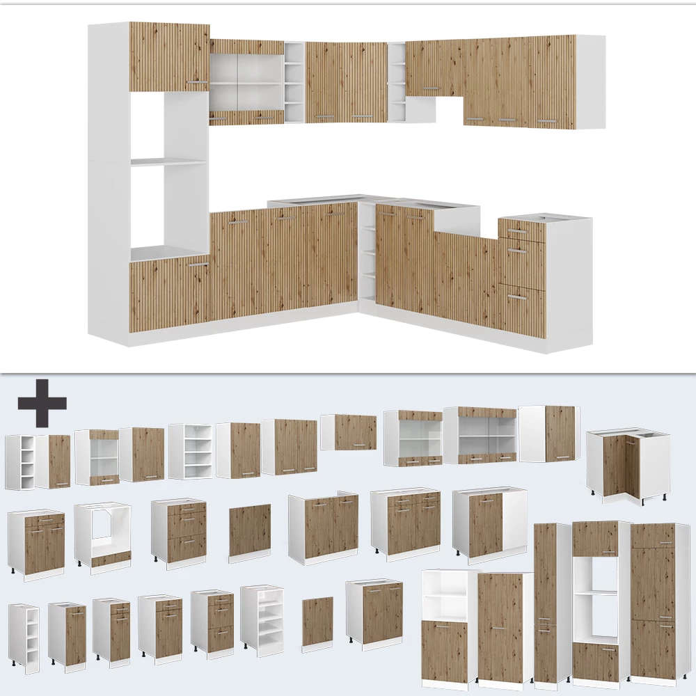 Nahaufnahme von Eckküche in Artisan Eiche/Weiß, zeigt Design- und Oberflächendetails