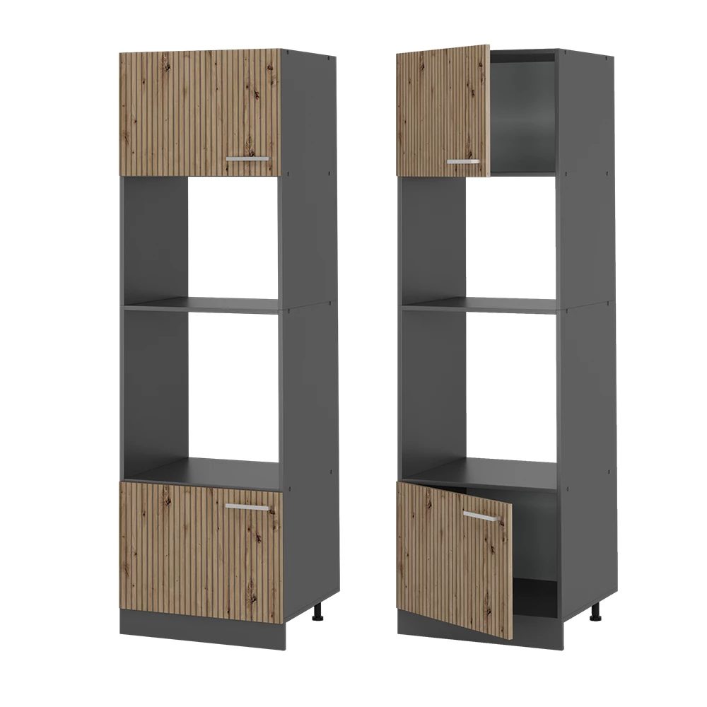 Nahaufnahme von Mikrowellenschrank in Artisan-Eiche, zeigt Textur/Details