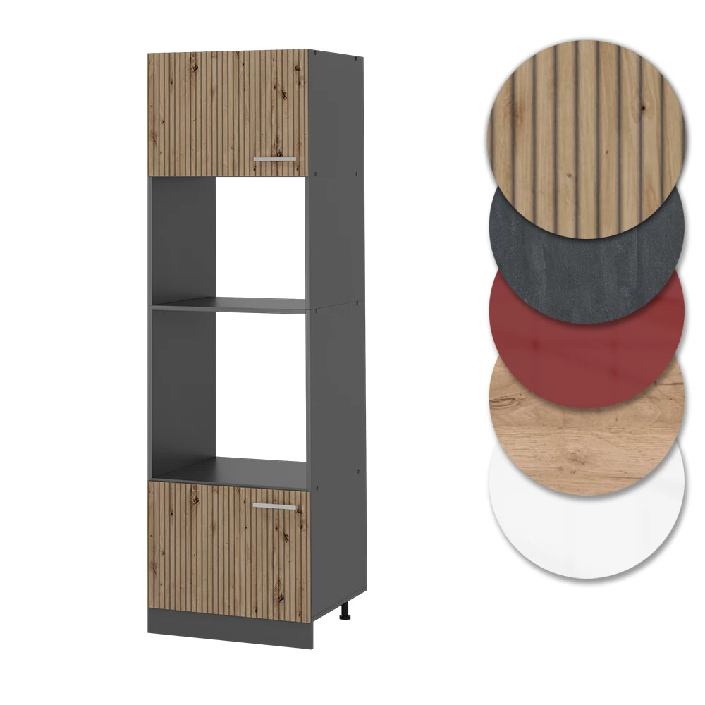 Nahaufnahme von Mikrowellenschrank in Artisan-Eiche, zeigt Design- und Oberflächendetails