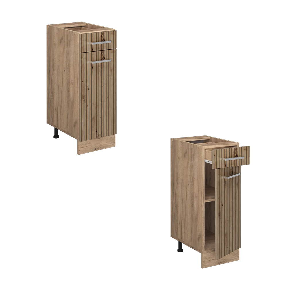 Nahaufnahme von Küchenunterschrank in Artisan-Eiche, zeigt Design- und Oberflächendetails
