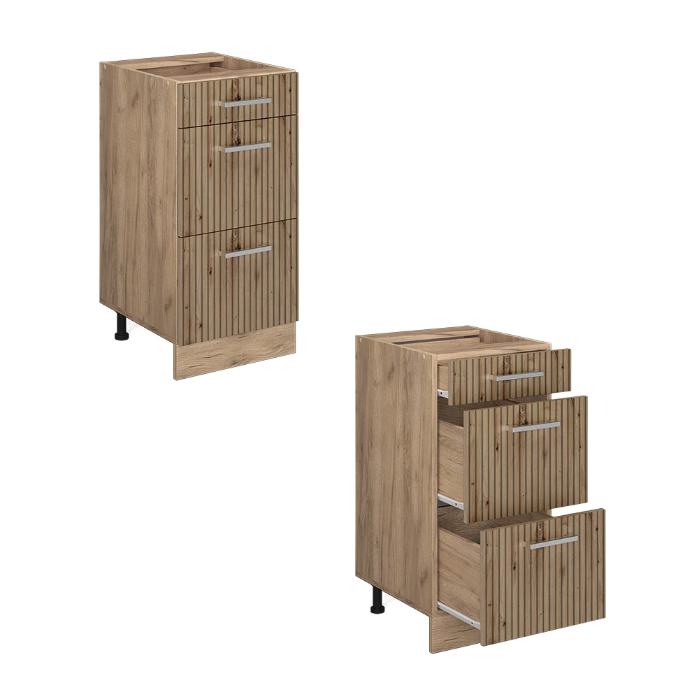 Nahaufnahme von Küchenunterschrank in Artisan-Eiche, zeigt Design- und Oberflächendetails