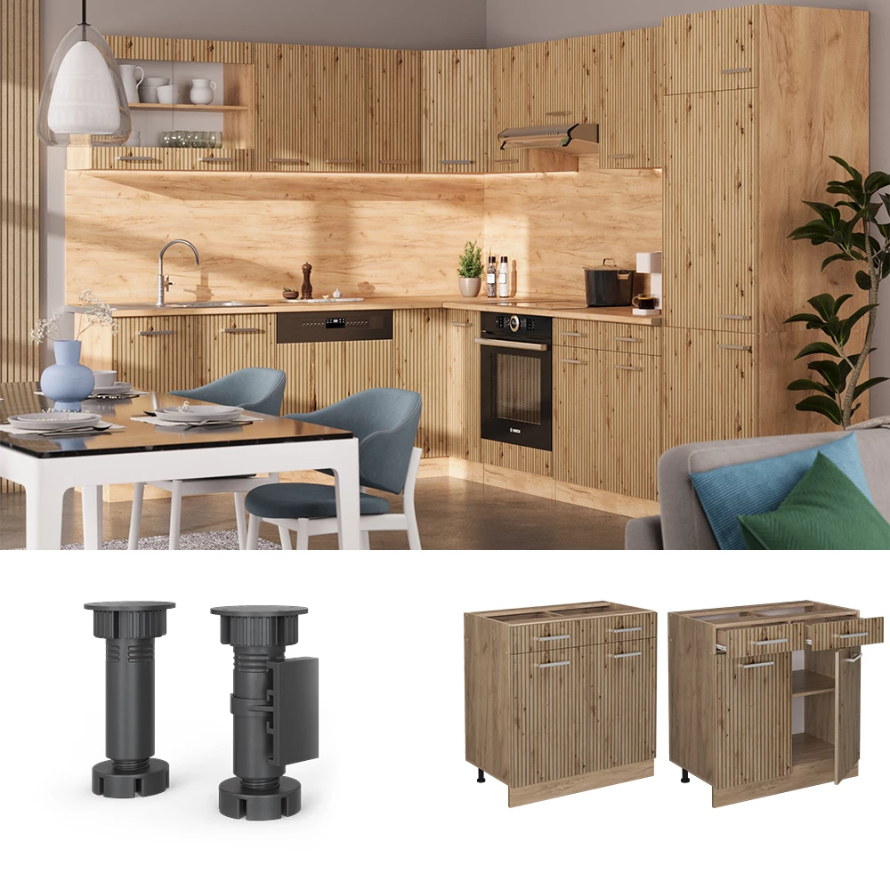 Küchenunterschrank in Artisan-Eiche, dargestellt im Ambiente und auf weißem Hintergrund