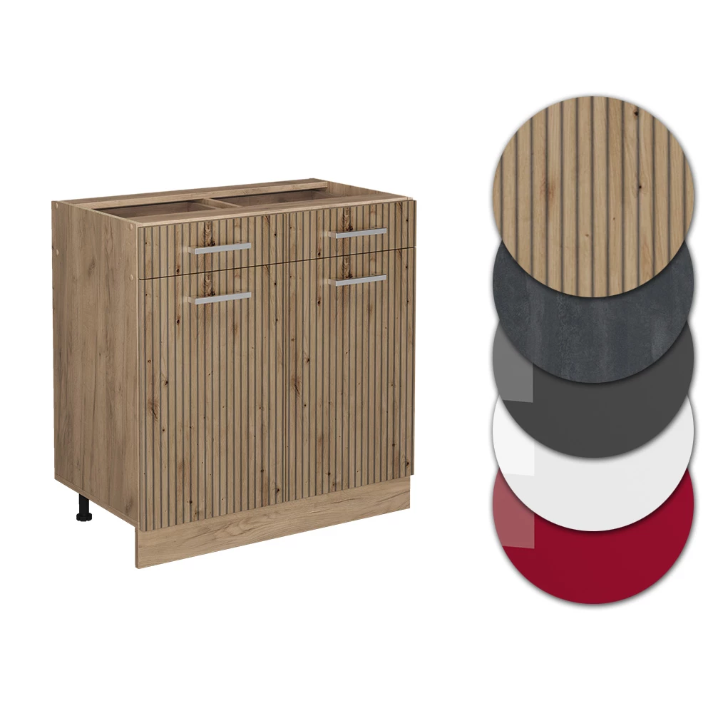 Nahaufnahme von Küchenunterschrank in Artisan-Eiche, zeigt Design- und Oberflächendetails