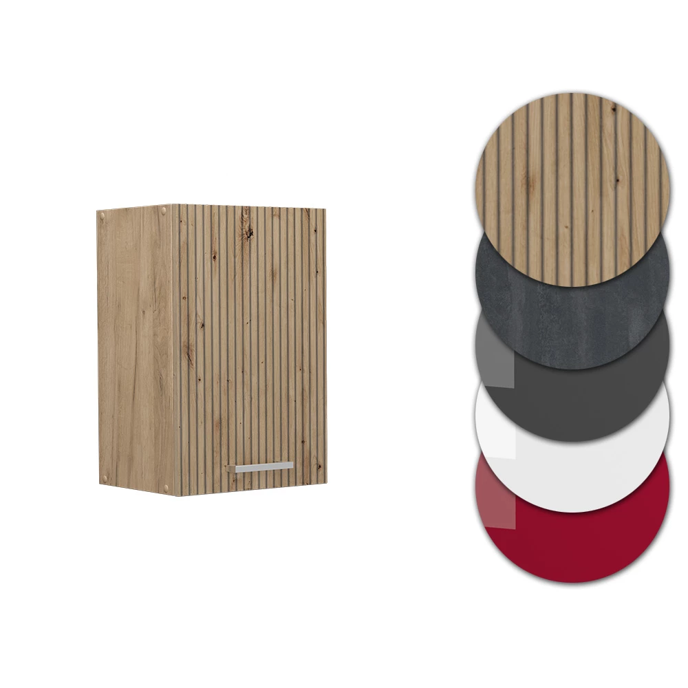 Nahaufnahme von Hängeschrank in Artisan-Eiche, zeigt Design- und Oberflächendetails
