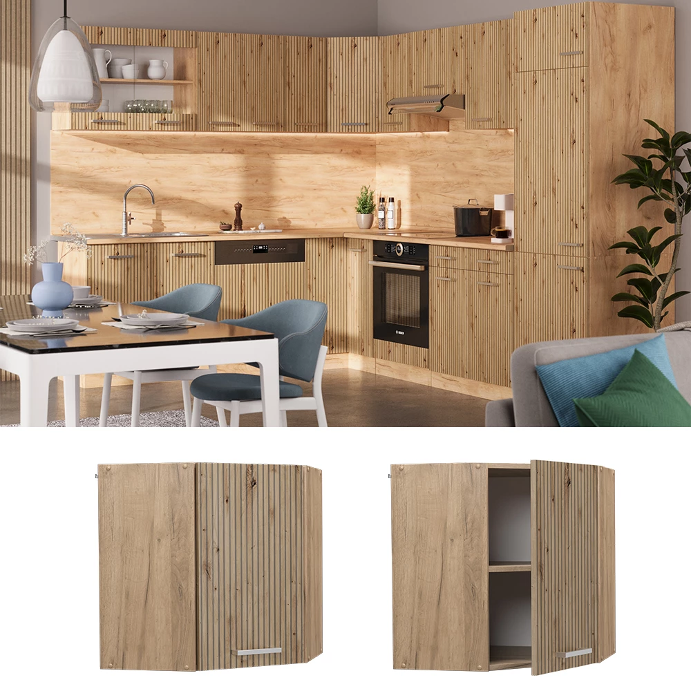 Eckhängeschrank in Artisan-Eiche, dargestellt im Ambiente und auf weißem Hintergrund