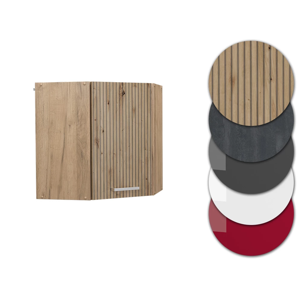 Nahaufnahme von Eckhängeschrank in Artisan-Eiche, zeigt Design- und Oberflächendetails