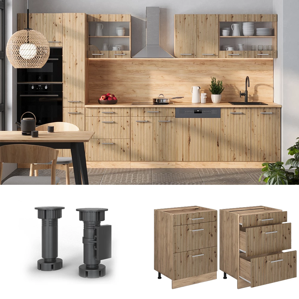 Küchenunterschrank in Artisan-Eiche, dargestellt im Ambiente und auf weißem Hintergrund