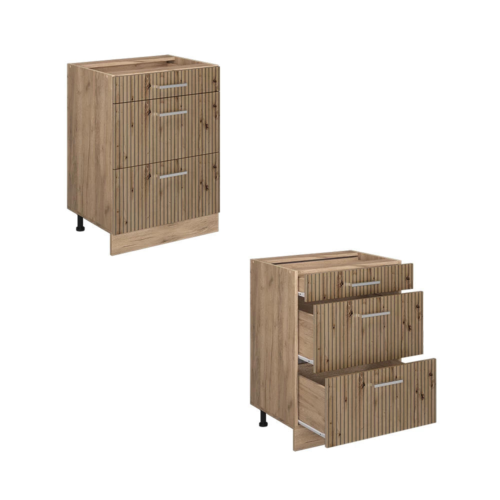 Nahaufnahme von Küchenunterschrank in Artisan-Eiche, zeigt Design- und Oberflächendetails
