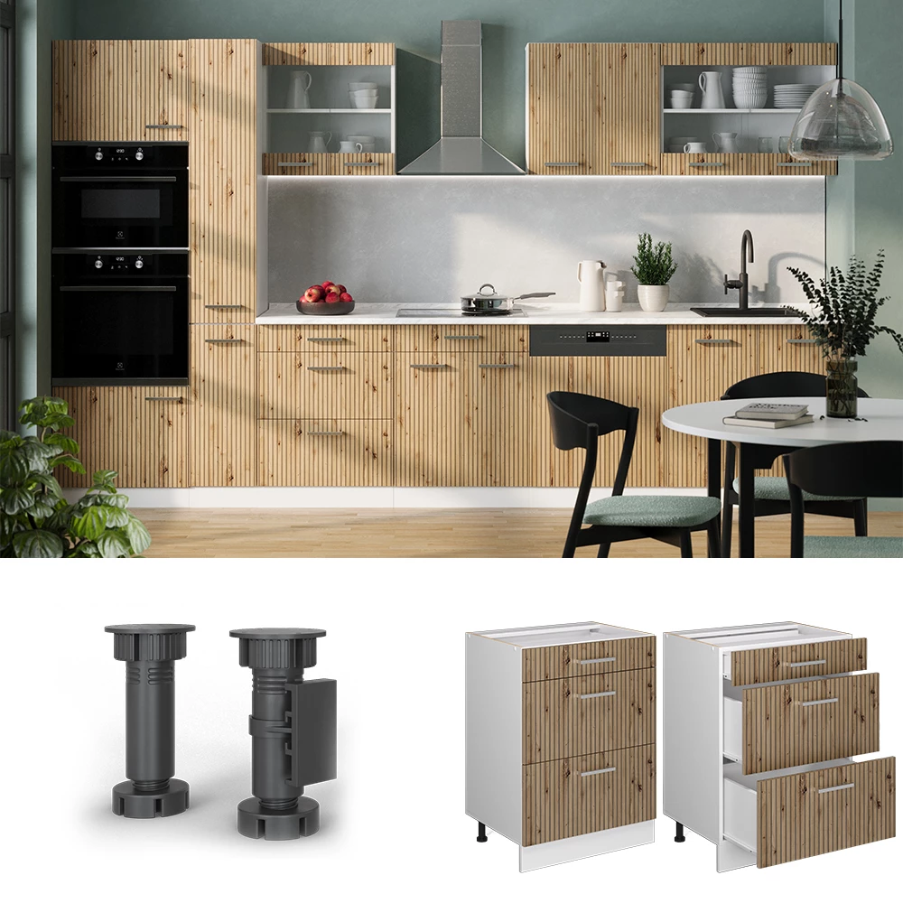 Küchenschrank in Artisan-Eiche, dargestellt im Ambiente und auf weißem Hintergrund