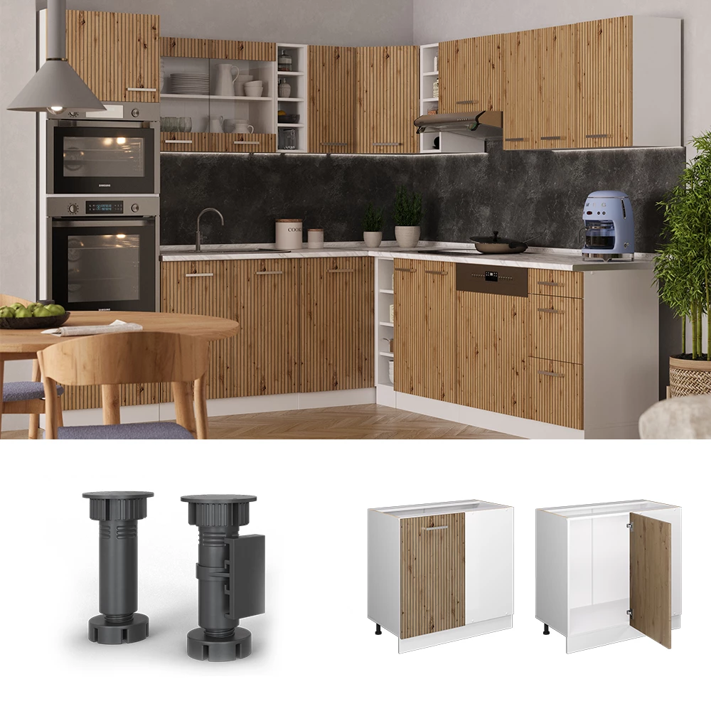 Eckunterschrank in Artisan-Eiche, dargestellt im Ambiente und auf weißem Hintergrund