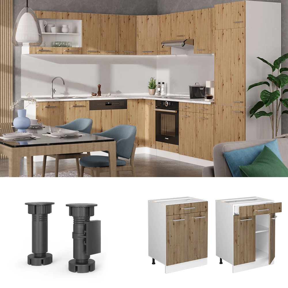 Küchenunterschrank in Artisan-Eiche, dargestellt im Ambiente und auf weißem Hintergrund