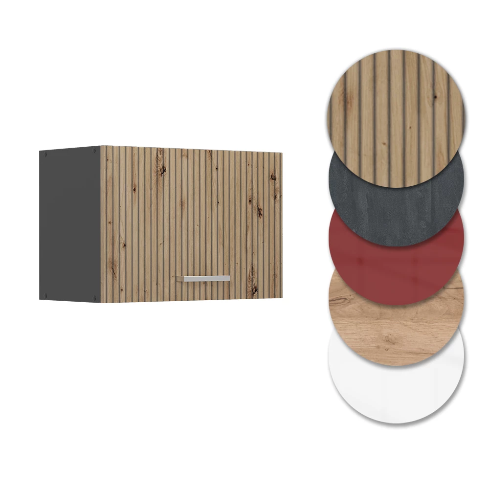 Nahaufnahme von Hängeschrank in Artisan-Eiche, zeigt Design- und Oberflächendetails