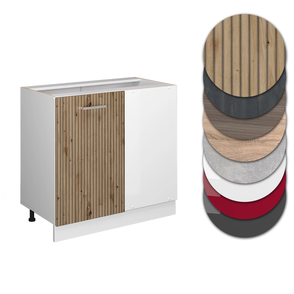 Nahaufnahme von Eckunterschrank in Artisan-Eiche, zeigt Design- und Oberflächendetails