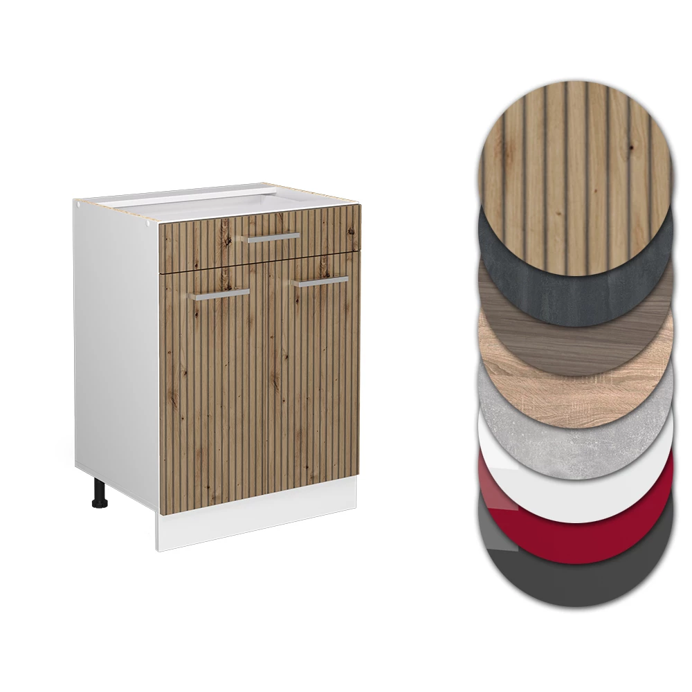 Nahaufnahme von Küchenunterschrank in Artisan-Eiche, zeigt Design- und Oberflächendetails