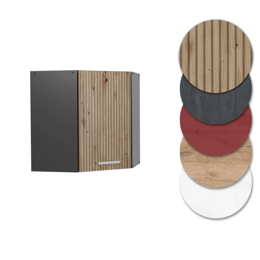 Nahaufnahme von Eckhängeschrank in Artisan-Eiche, zeigt Design- und Oberflächendetails