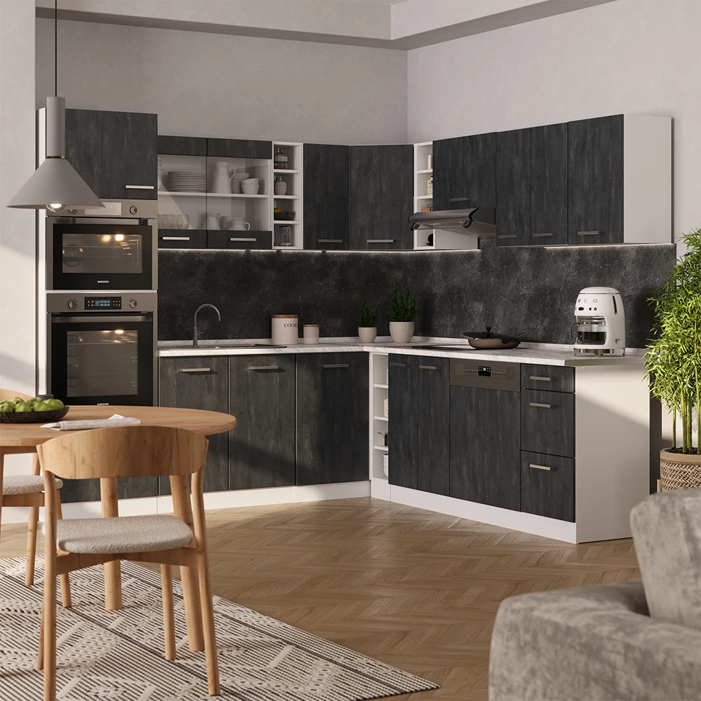 Vicco Kuchnia narożna Czarny beton/biały 237 x 247 cm BP Marmur, R-Line