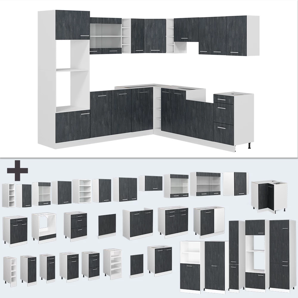 Nahaufnahme von Eckküche in Schwarz Beton/Weiß, zeigt Design- und Oberflächendetails