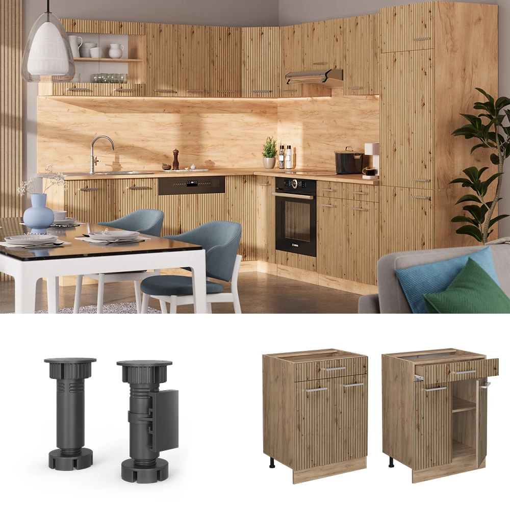 Küchenunterschrank in Artisan-Eiche, dargestellt im Ambiente und auf weißem Hintergrund