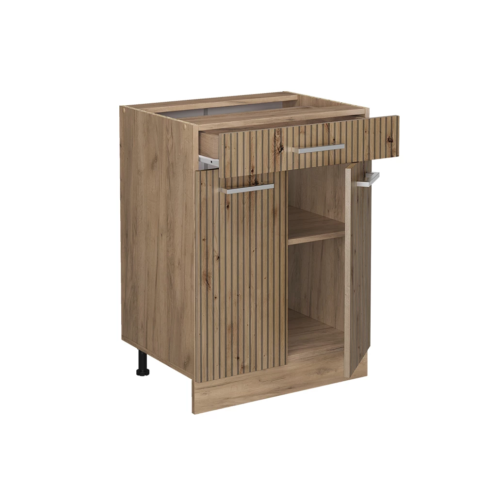 Nahaufnahme von Küchenunterschrank in Artisan-Eiche, zeigt Textur/Details