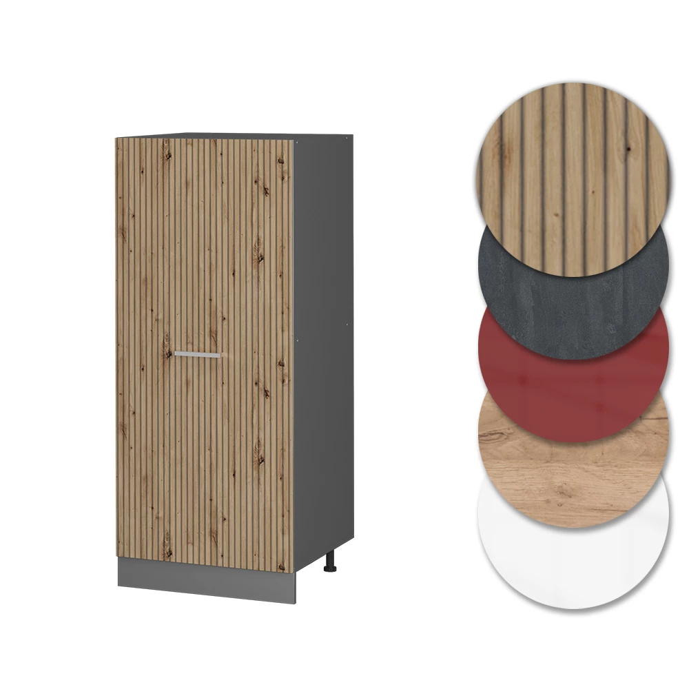 Nahaufnahme von Hochschrank in Artisan-Eiche, zeigt Design- und Oberflächendetails