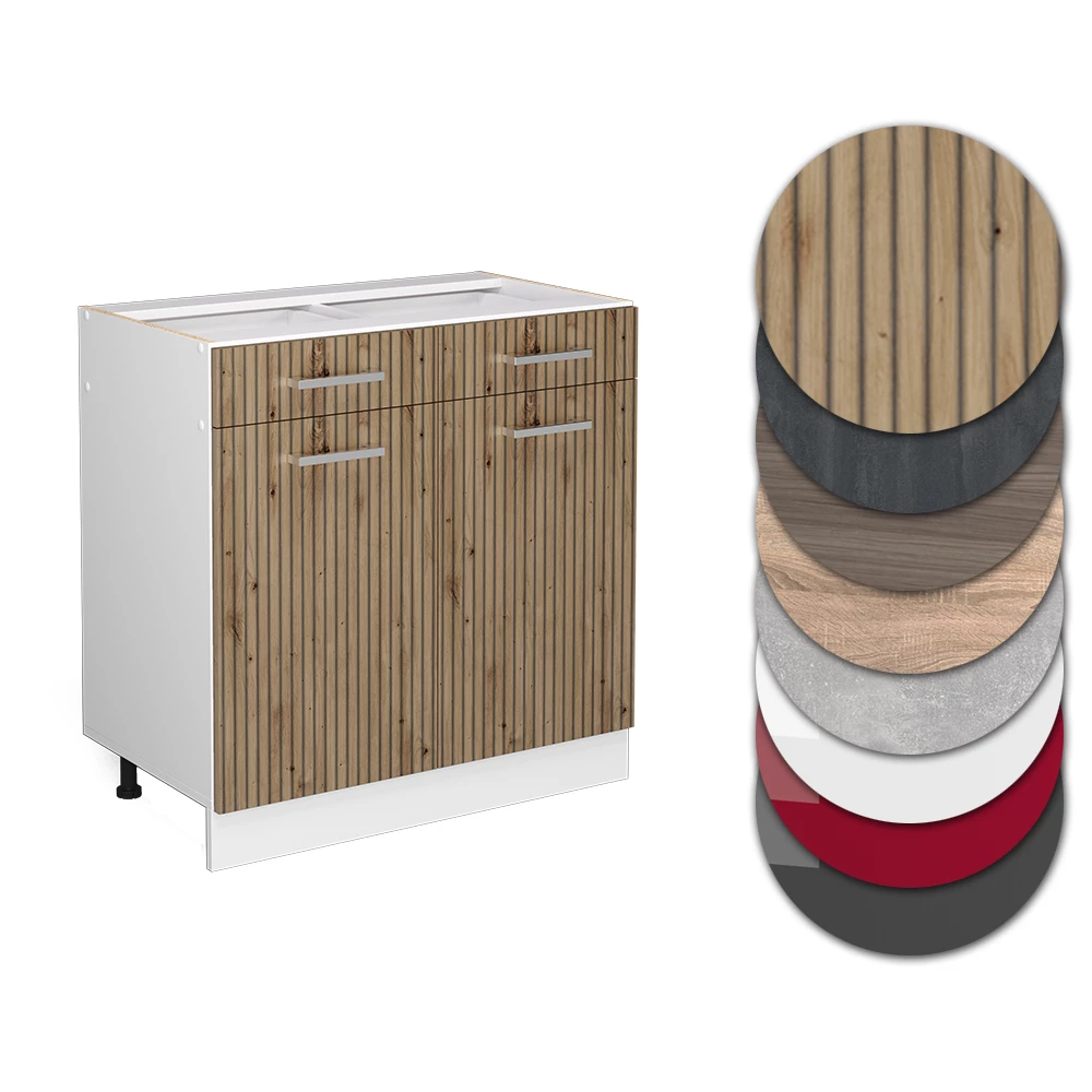 Nahaufnahme von Küchenunterschrank in Artisan-Eiche, zeigt Design- und Oberflächendetails