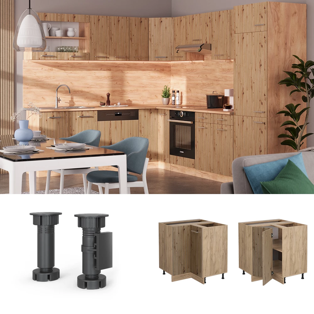 Eckunterschrank in Artisan-Eiche, dargestellt im Ambiente und auf weißem Hintergrund