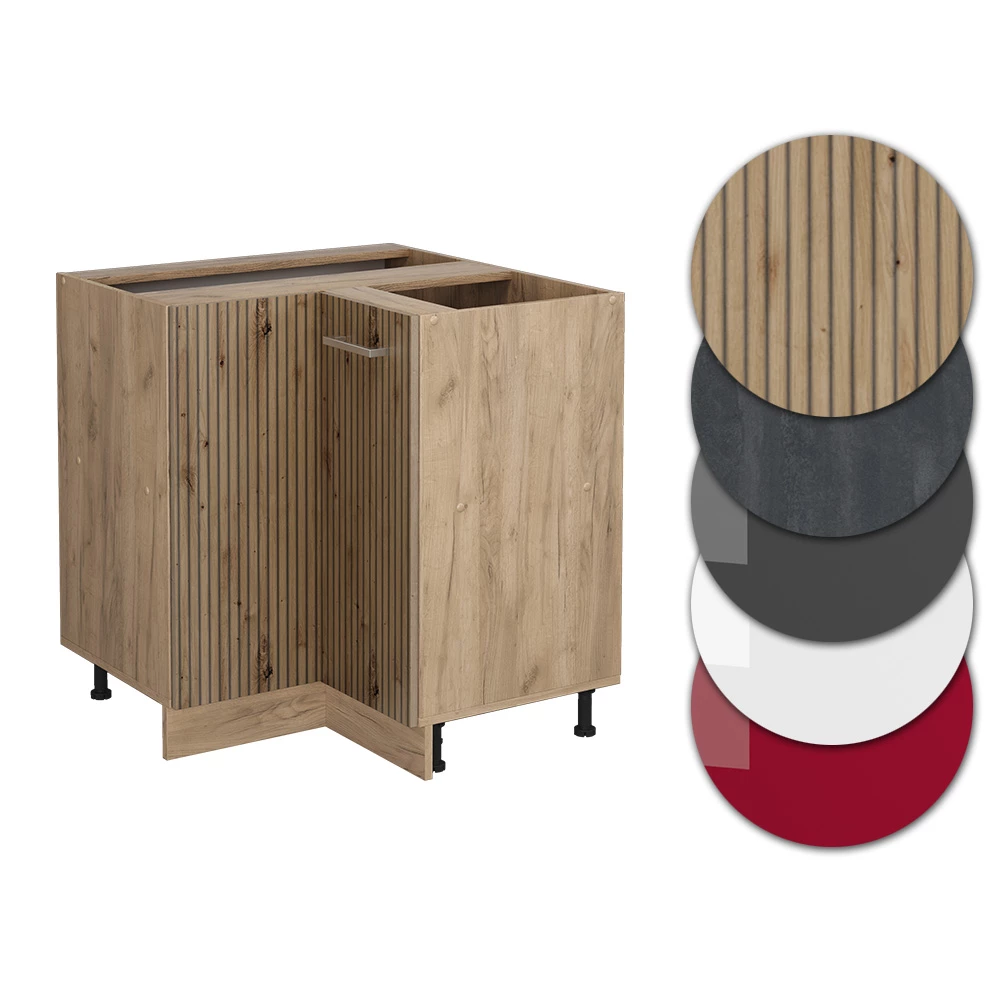 Nahaufnahme von Eckunterschrank in Artisan-Eiche, zeigt Design- und Oberflächendetails