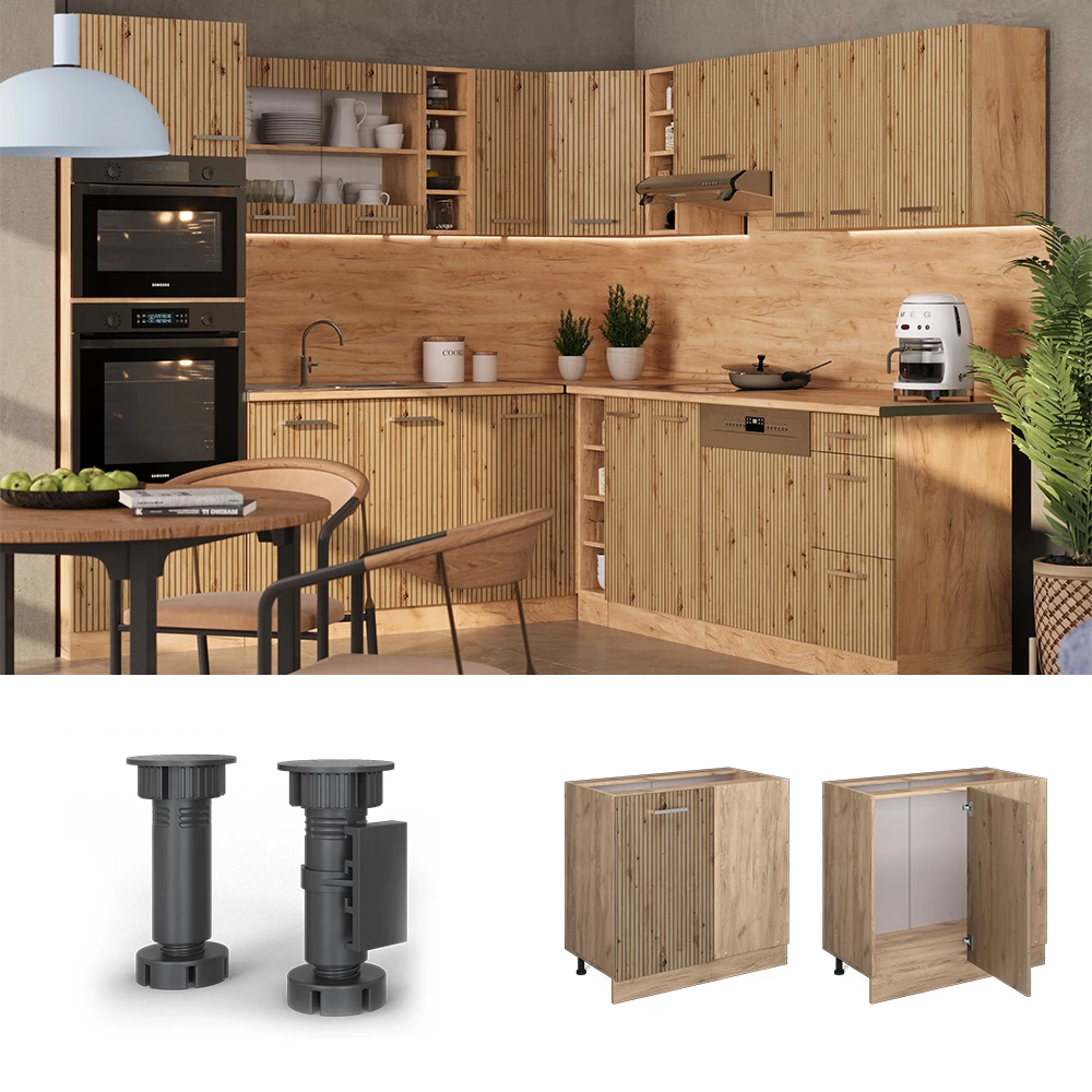 Eckunterschrank in Artisan-Eiche, dargestellt im Ambiente und auf weißem Hintergrund