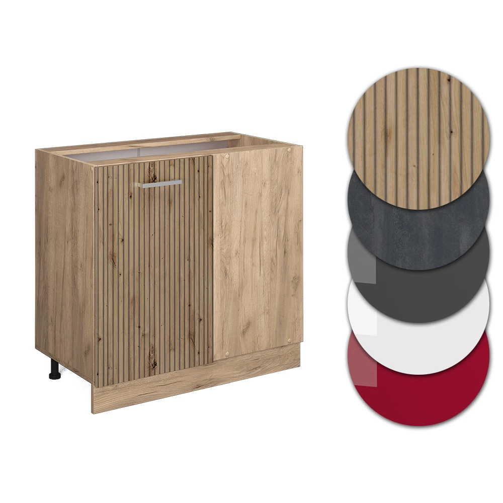 Nahaufnahme von Eckunterschrank in Artisan-Eiche, zeigt Design- und Oberflächendetails