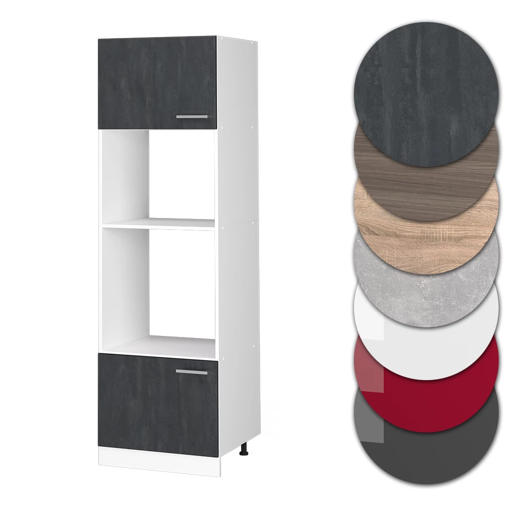 Nahaufnahme von Mikrowellenschrank in Schwarz Beton, zeigt Design- und Oberflächendetails