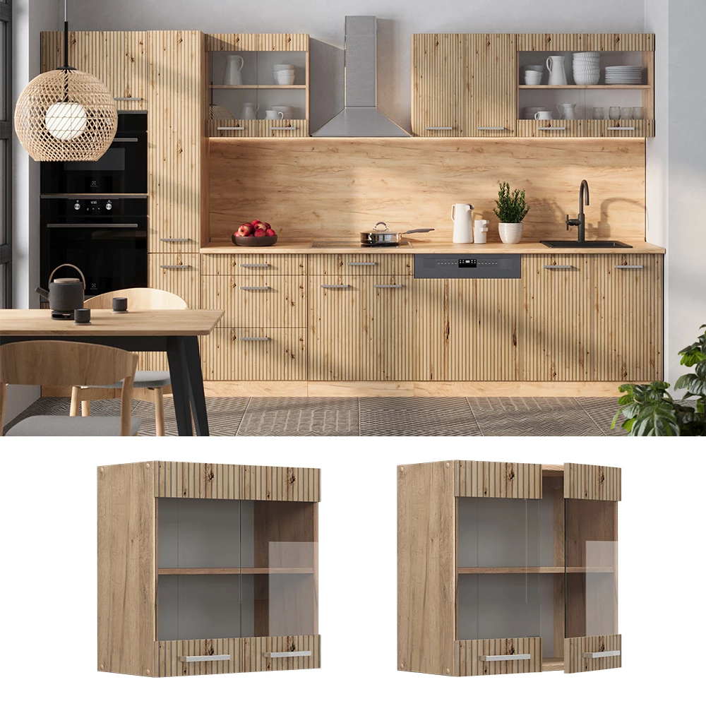 Küchenglasschrank in Artisan-Eiche, dargestellt im Ambiente und auf weißem Hintergrund