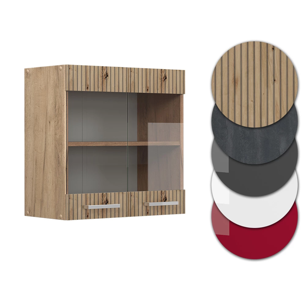 Nahaufnahme von Küchenglasschrank in Artisan-Eiche, zeigt Design- und Oberflächendetails