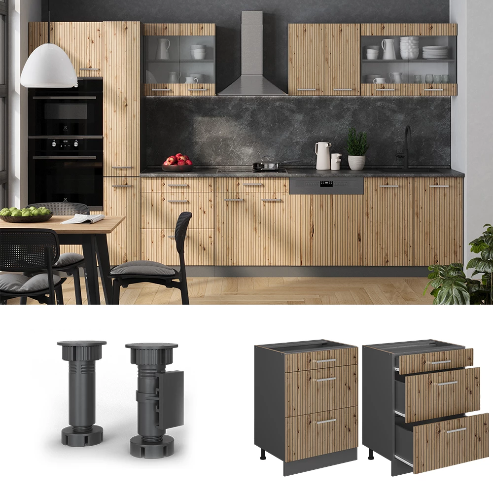 Küchenschrank in Artisan-Eiche, dargestellt im Ambiente und auf weißem Hintergrund