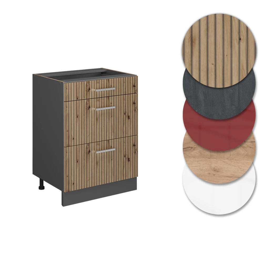 Nahaufnahme von Küchenschrank in Artisan-Eiche, zeigt Design- und Oberflächendetails