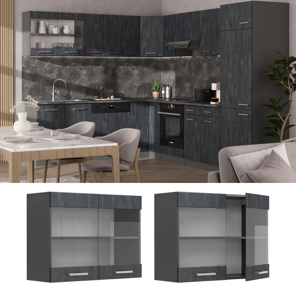 Vicco Küchenglasschrank Schwarz Beton 80 cm, R-Line