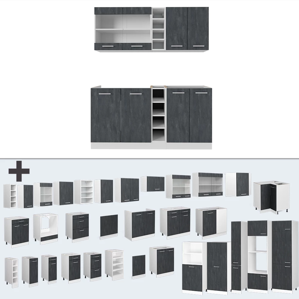 Nahaufnahme von Singleküche in Schwarz Beton/Weiß, zeigt Design- und Oberflächendetails