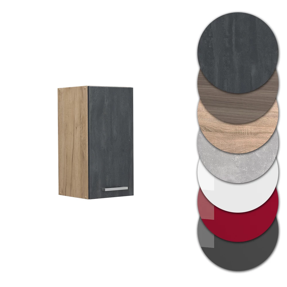 Nahaufnahme von Hängeschrank in Schwarz Beton, zeigt Design- und Oberflächendetails